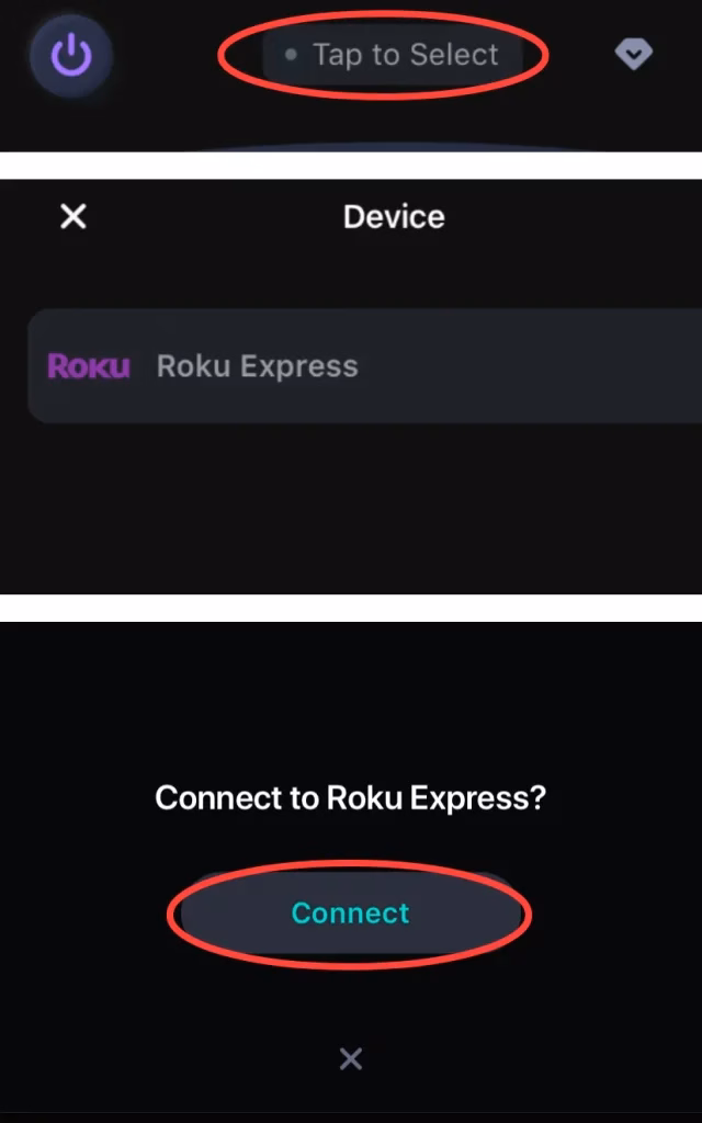 device connection process on the Remote for Roku: TV Remote
