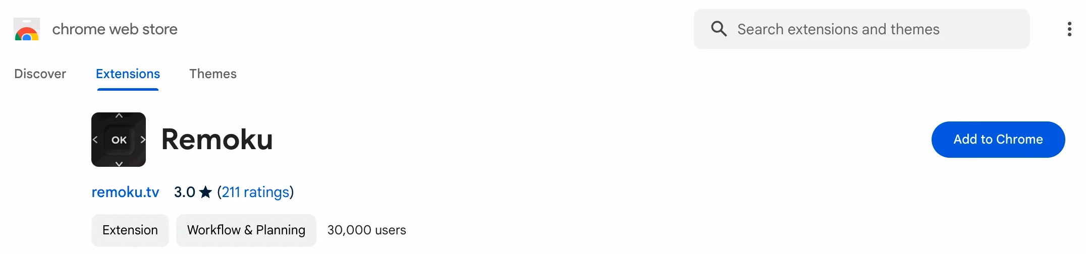 Add to Chrome button of the Remoku extension on the Chrome web store