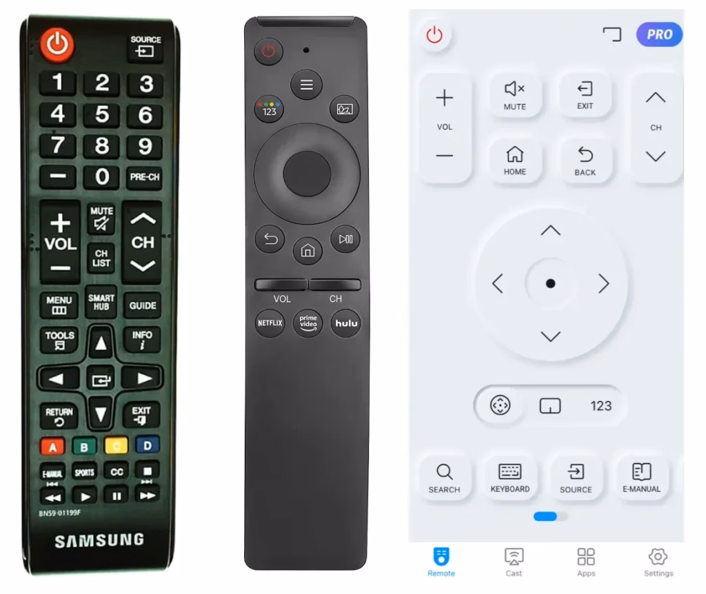 three different Samsung TV remotes