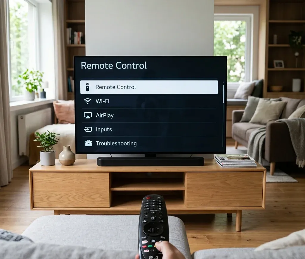 LG TV and Magic Remote on a living room screen during setup and troubleshooting