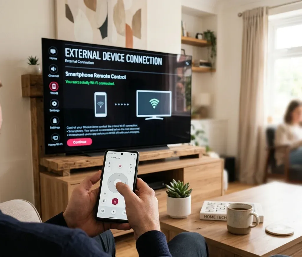 Smartphone controlling an LG TV over the same Wi-Fi network as a remote replacement