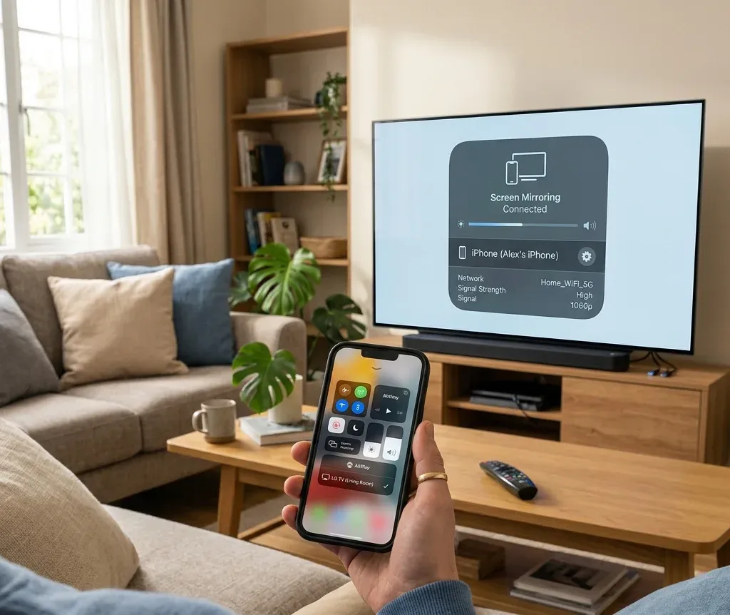iPhone casting or using AirPlay to an LG TV with a troubleshooting settings screen visible