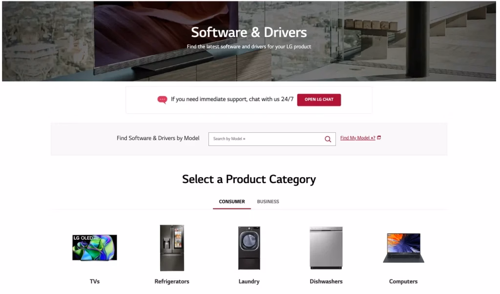 the LG Software & Drivers webpage