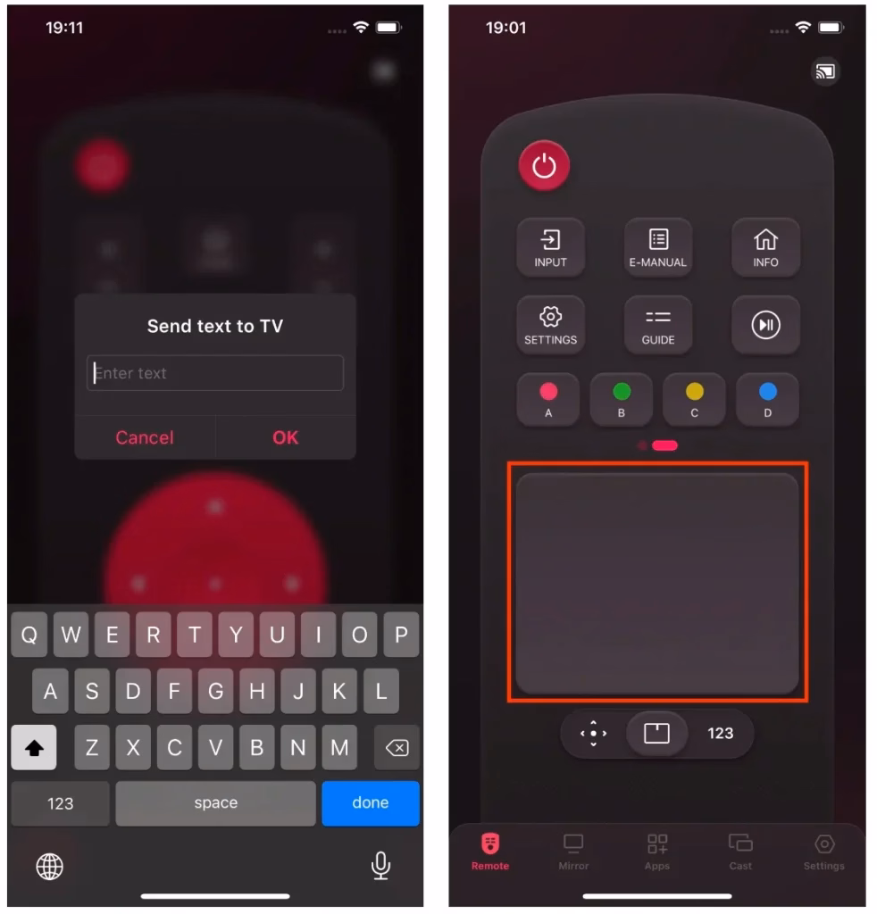 the keyword and touchpad features of the remote app