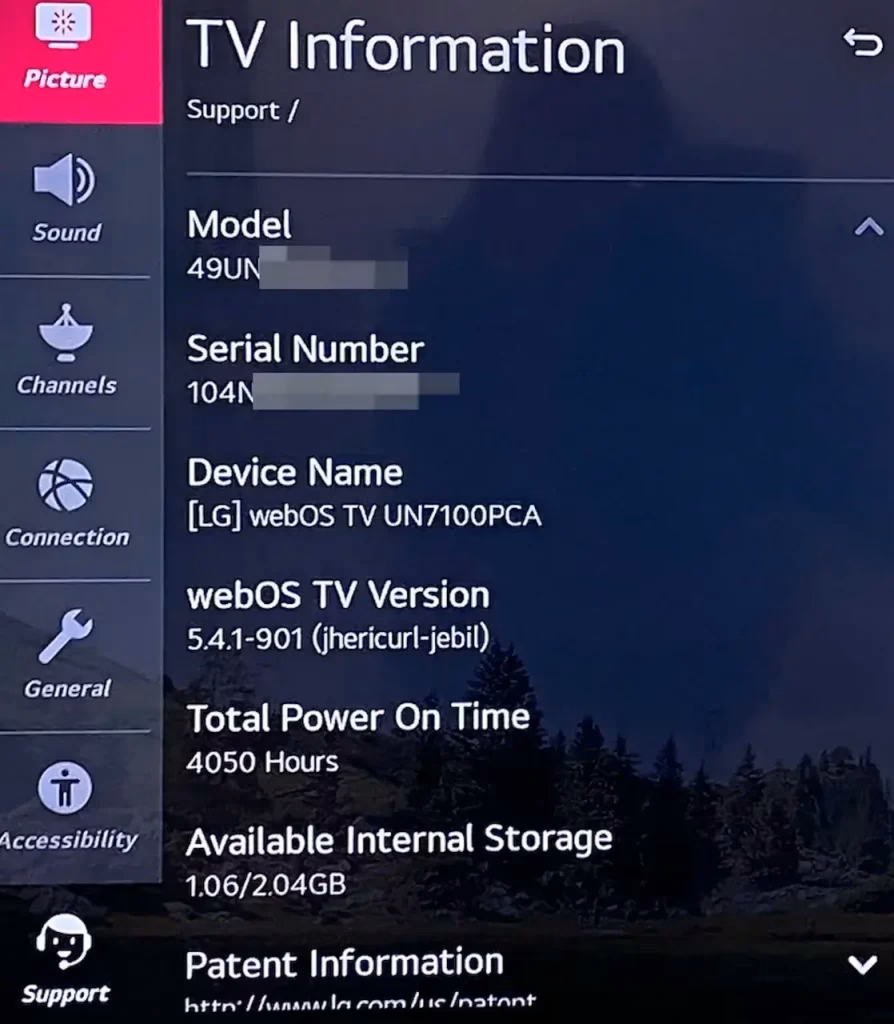 find serial number on old LG TV model