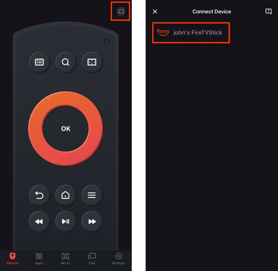 Pairing process of the Fire TV remote app