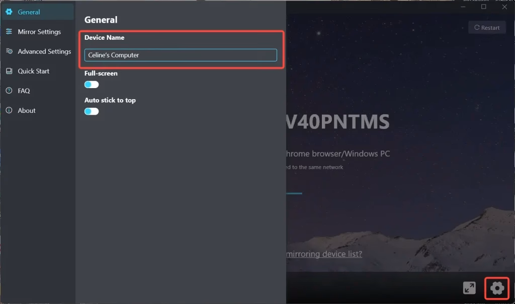 General option in the mirror receiver app