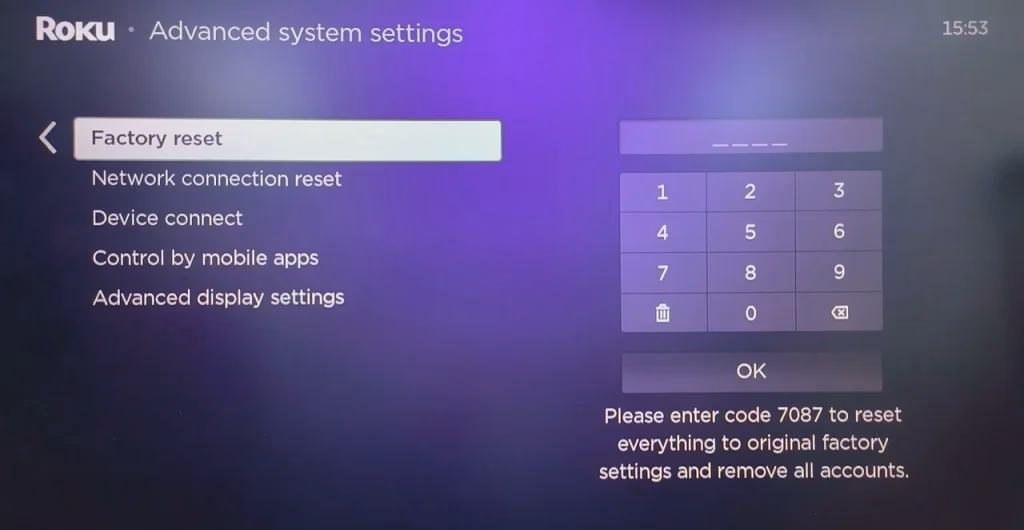 choose Factory reset on Roku