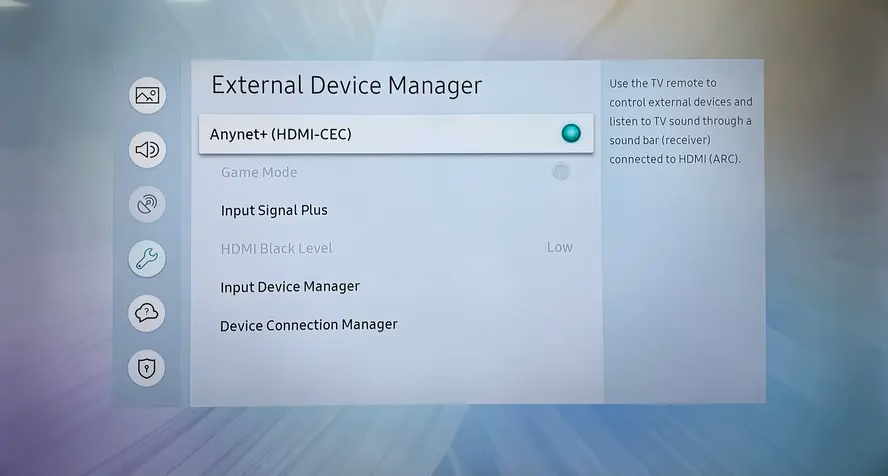 Anynet+ option on Samsung TV
