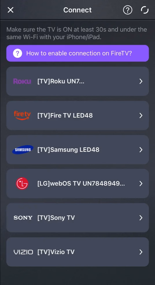 the device list of Universal TV Remote app