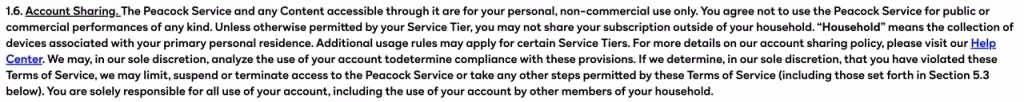 Peacock terms related to account sharing