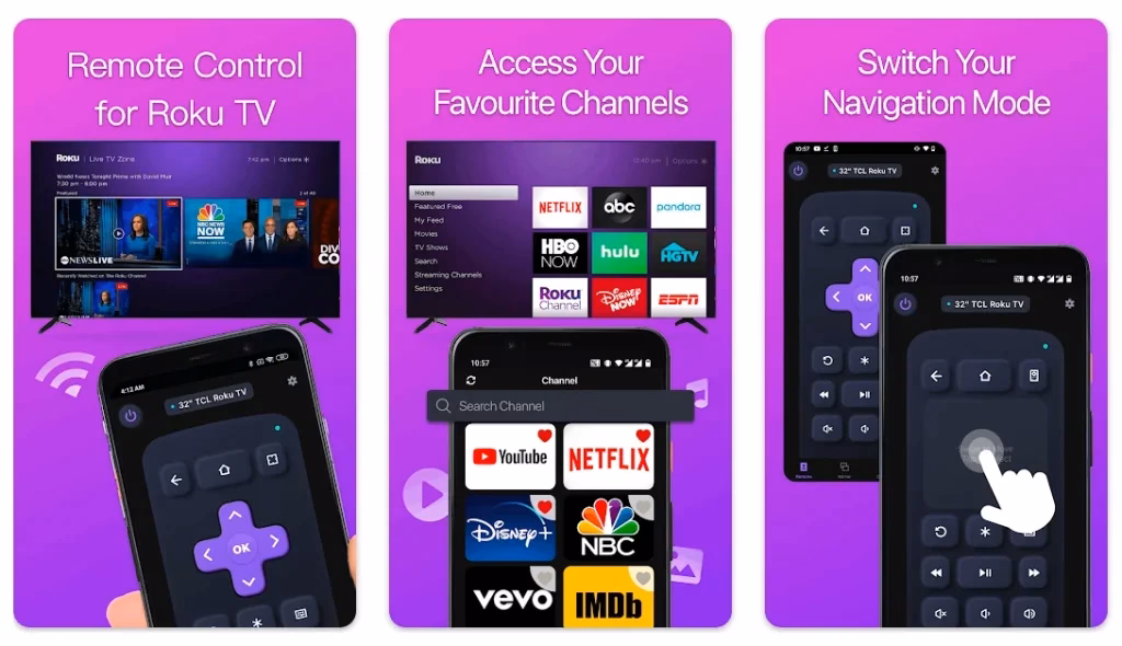 the screenshots of a Roku TV remote app