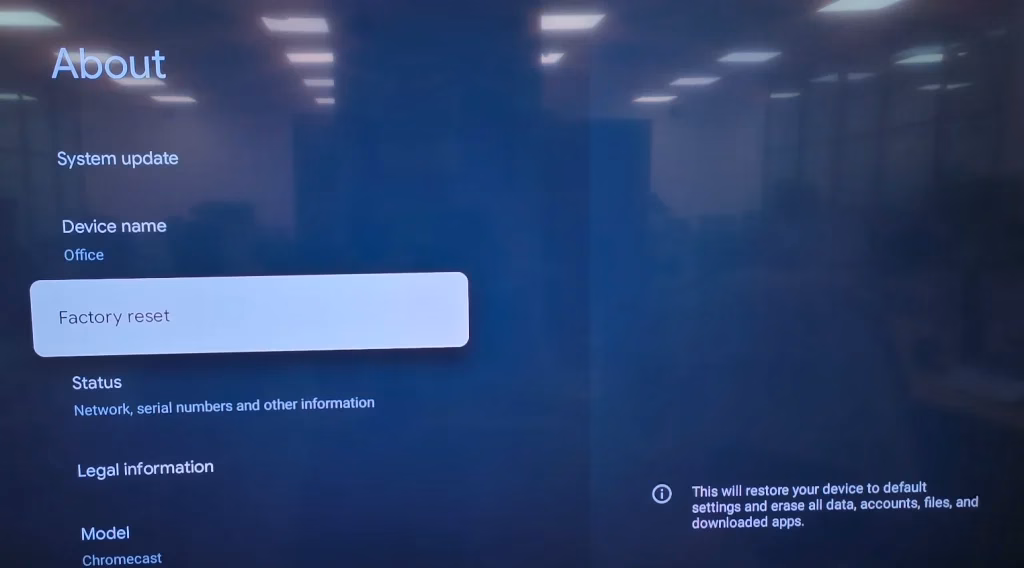 choose Factory Reset on the TV screen