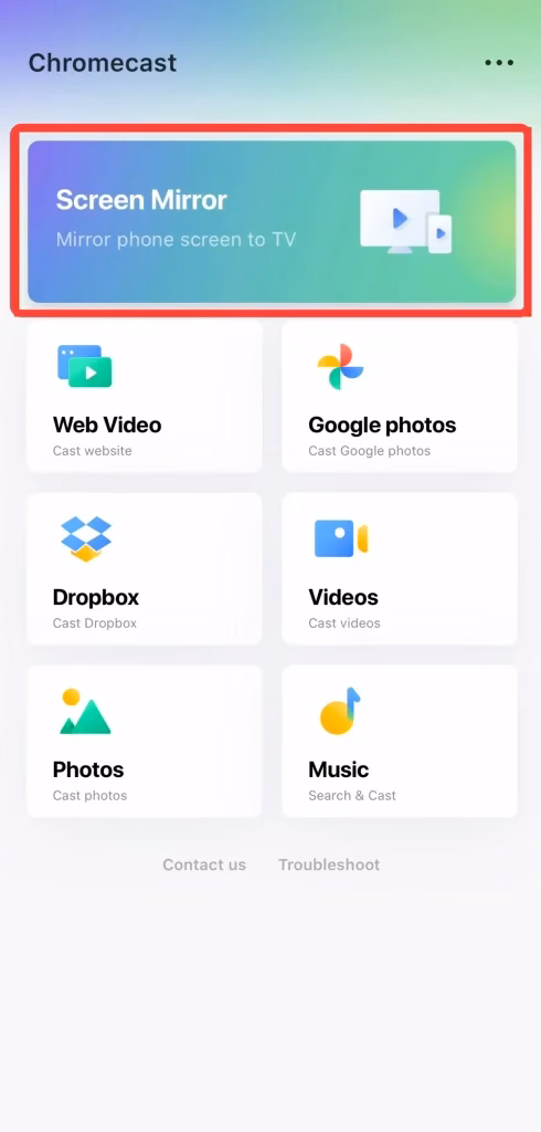 Screen Mirror button on TV Cast for Chromecast app