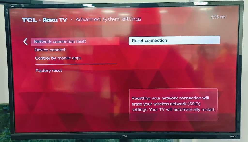 choose Reset connection on Roku