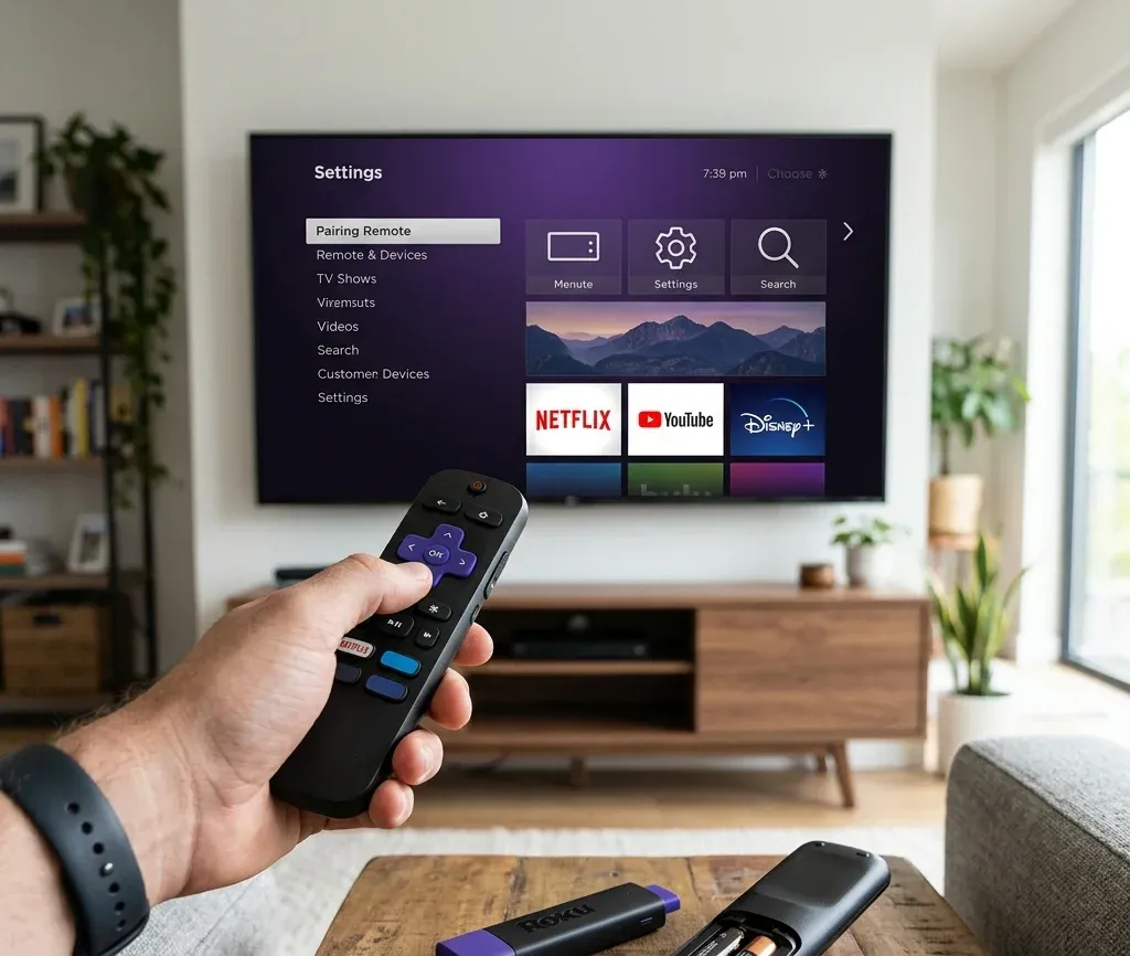Roku TV with a remote being used for setup and troubleshooting