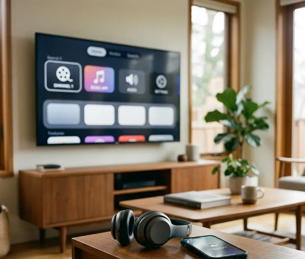 Bluetooth headphones and phone next to a Roku TV used for wireless audio and casting help
