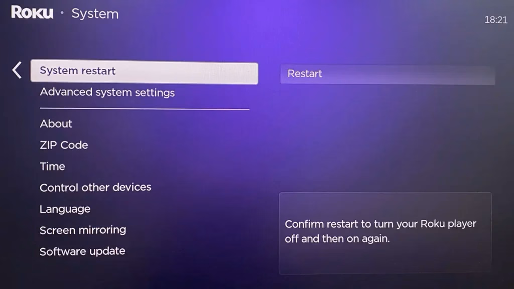 restart option on Roku