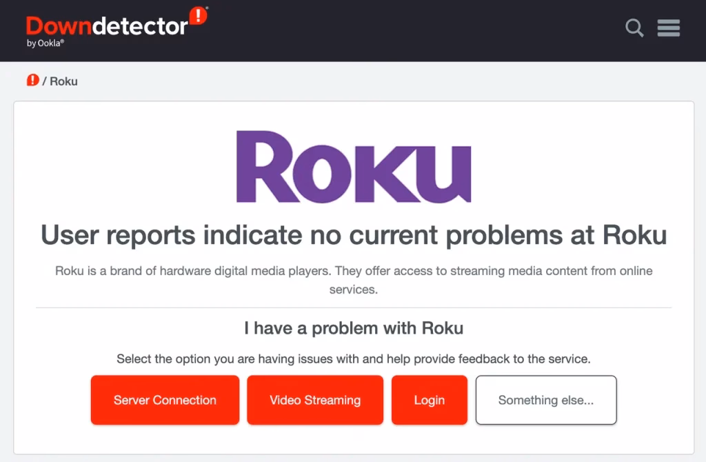 Roku page offered by Downdetector