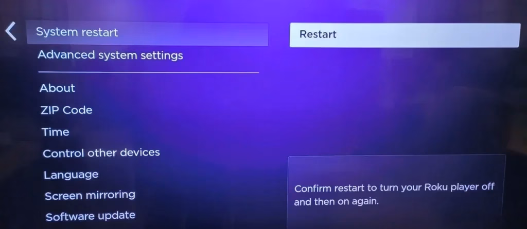 choose Restart on Roku screen