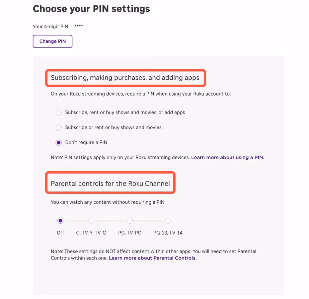Pin settings options on the Roku official website