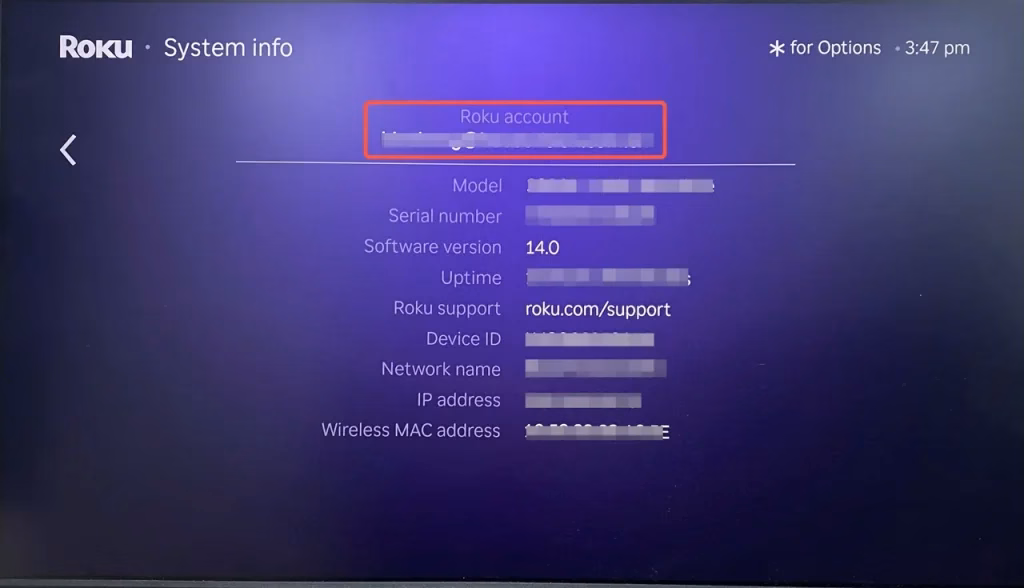 About page on Roku device