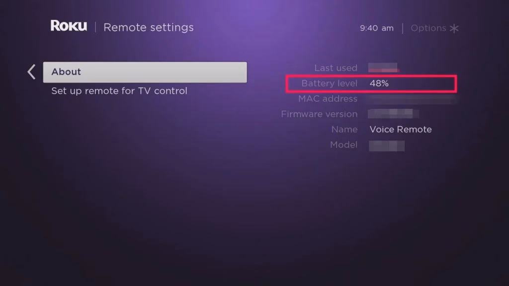 Roku Remote battery level page