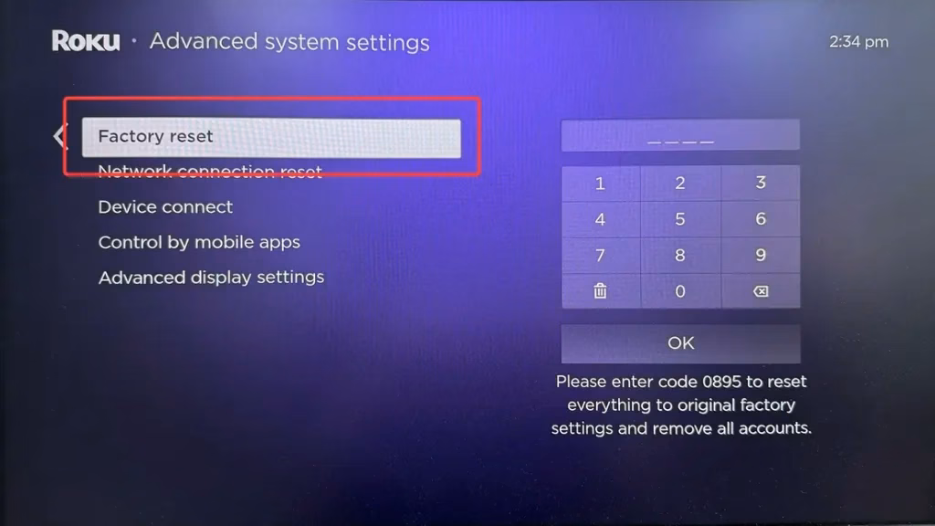 Factory reset option on Roku