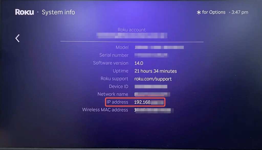 The IP address on Roku