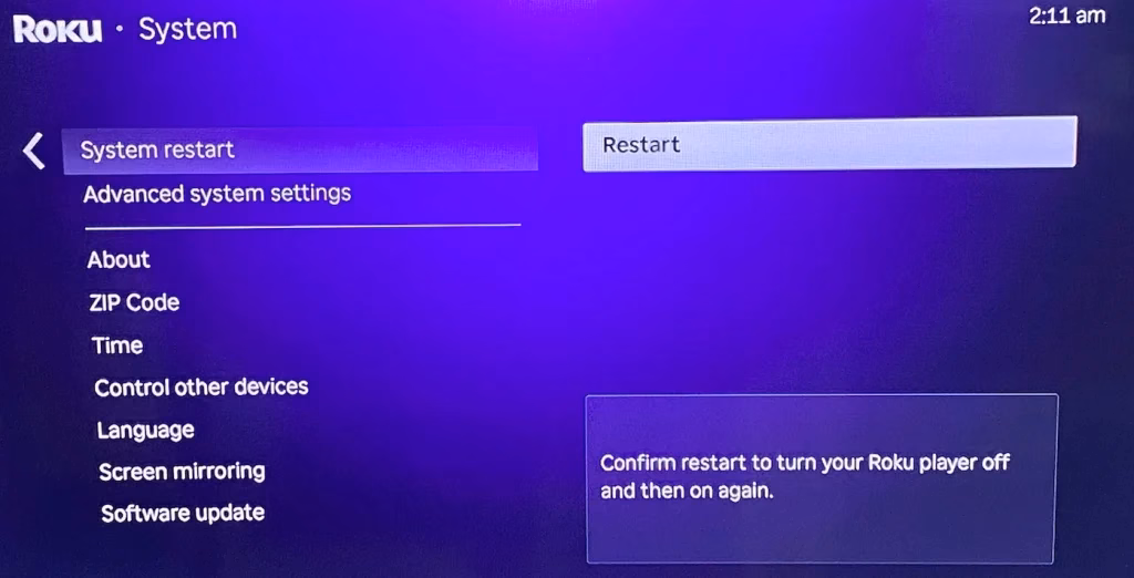 choose Restart on Roku