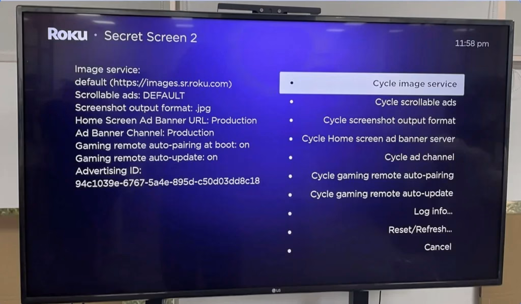 Roku screenshots and ads menu