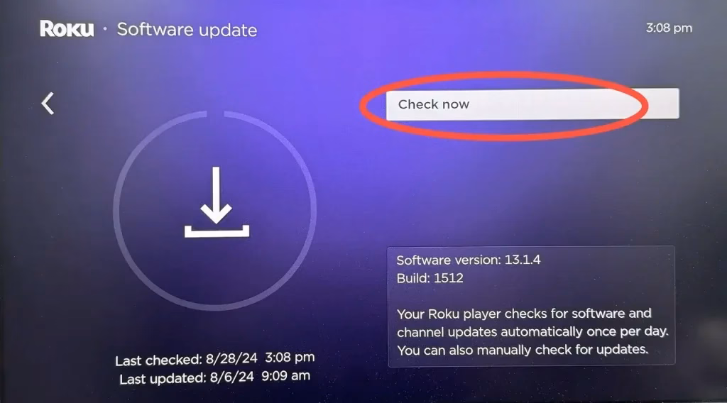 Update option on the Roku device