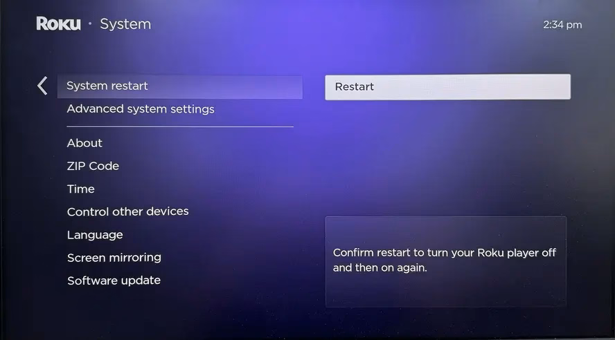 Restart option on Roku