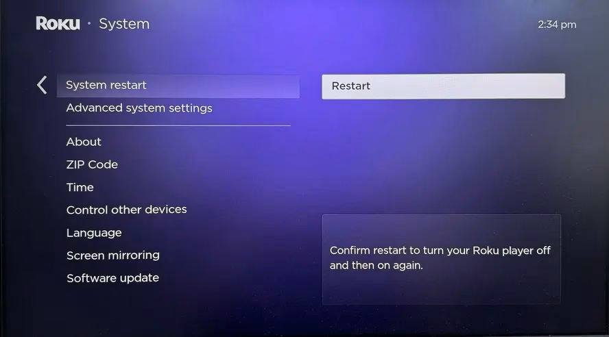 Restart option on roku