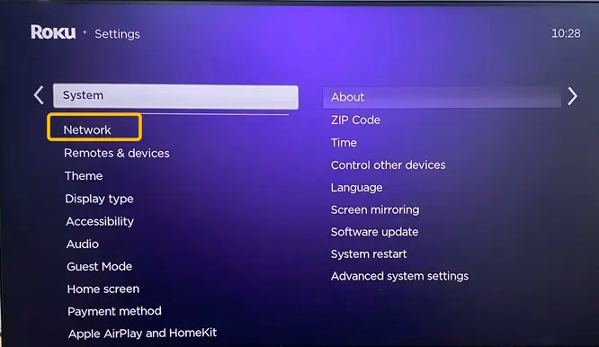 Network settings on roku