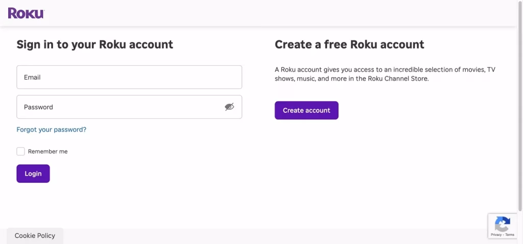 Roku log in interface