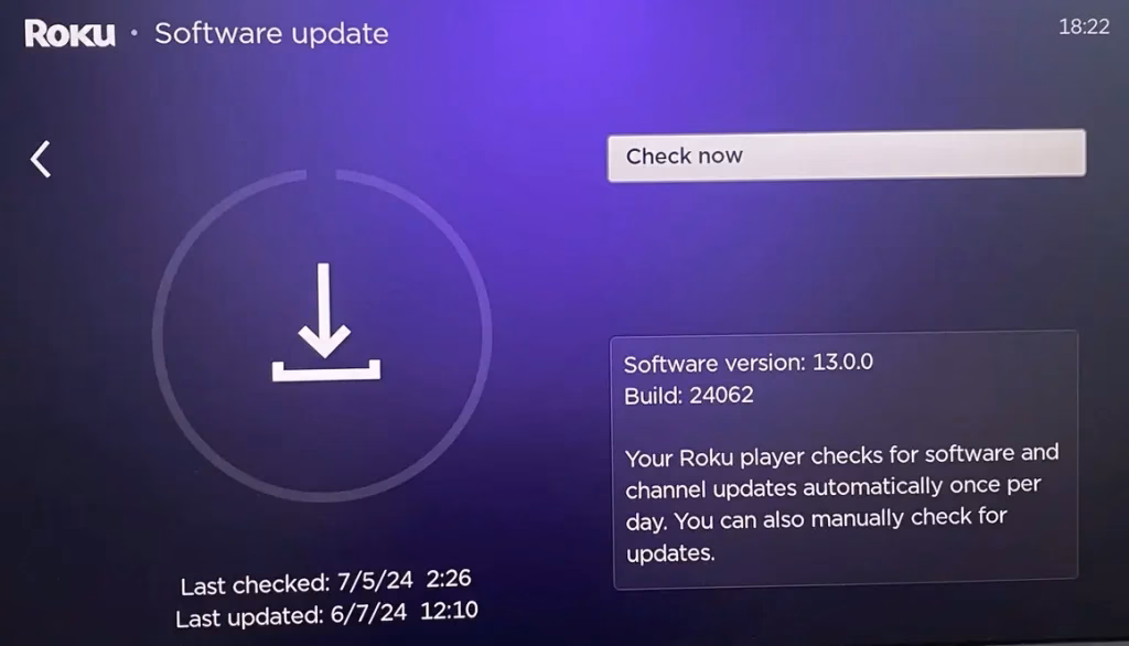 software update option on Roku