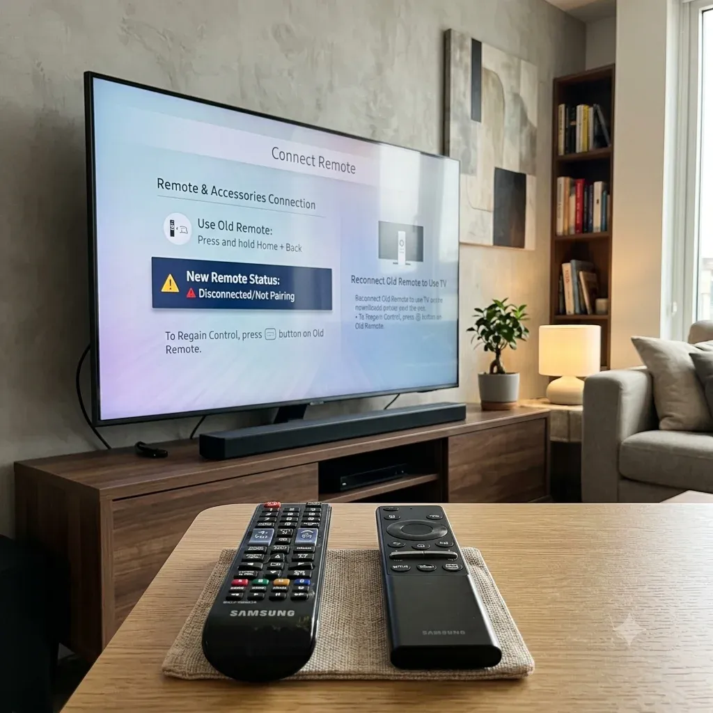 Samsung TV with old and new remotes for pairing and troubleshooting