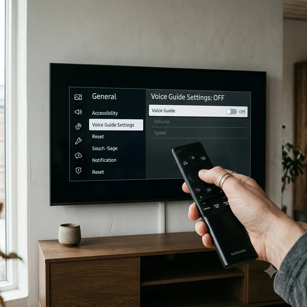 Samsung TV settings screen used for Voice Guide and reset troubleshooting