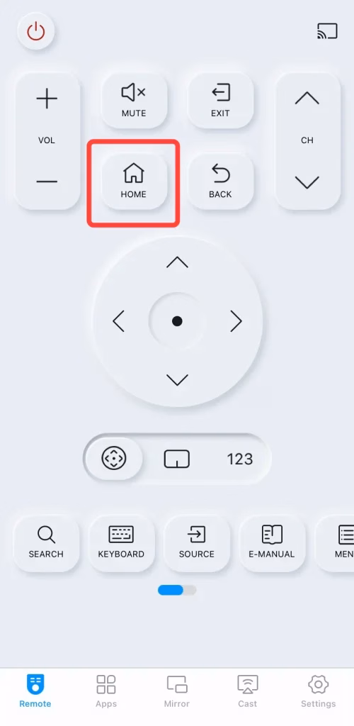 Home button on the tv remote app