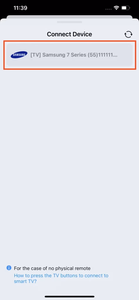 select a Samsung TV to connect within the Samsung TV remote app