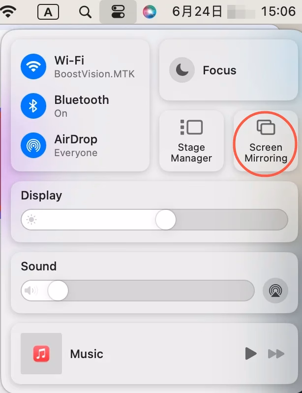 Screen mirroring in the control center