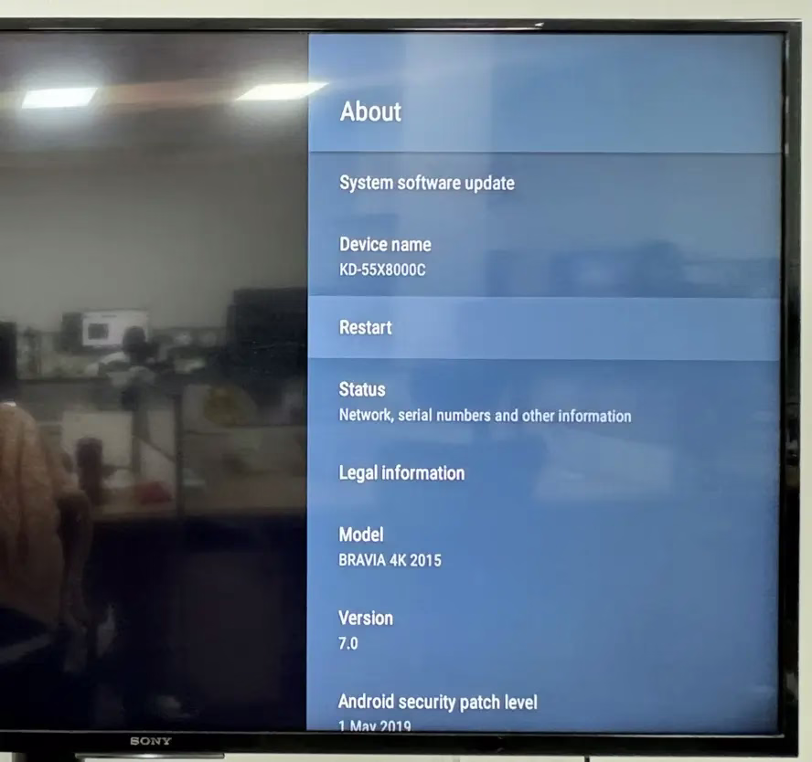 Restart option on Sony TV