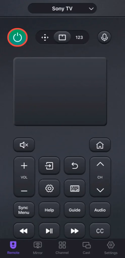the power button on the Sony TV Remote app