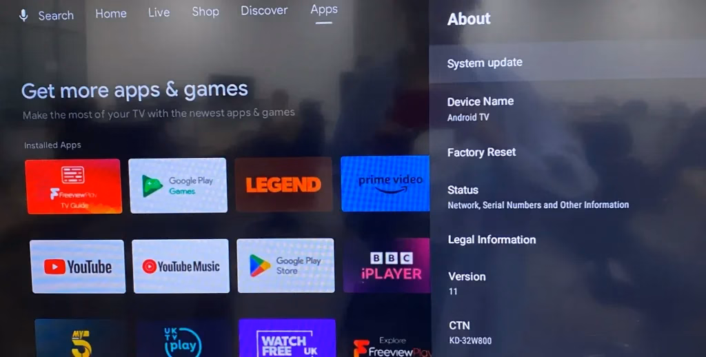 system software update page on Sony TV