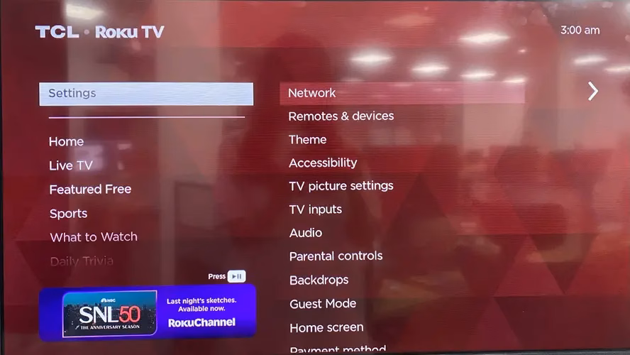 Settings menu on TCL Roku