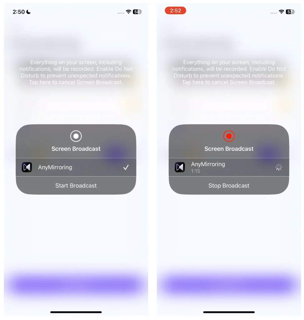 tap Start Broadcast or Stop Broadcast
