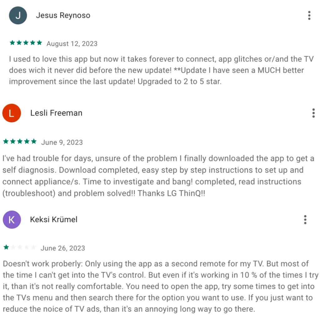 screenshots of the LG ThinQ's reviews