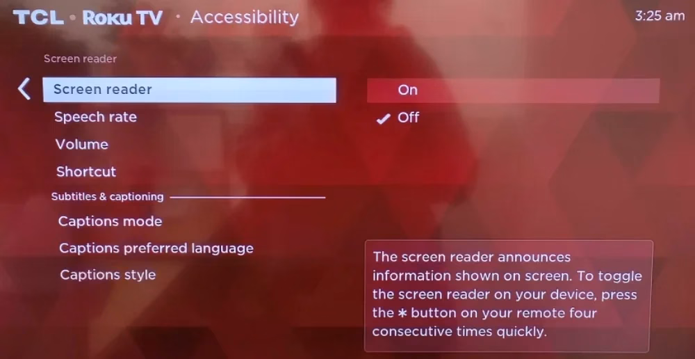 turn off screen reader on Roku TV