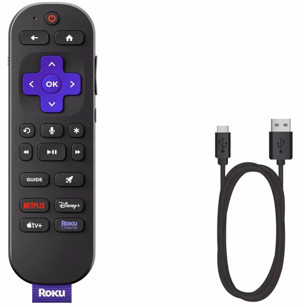 a rechargeable Roku remote with a USB-C charging cable